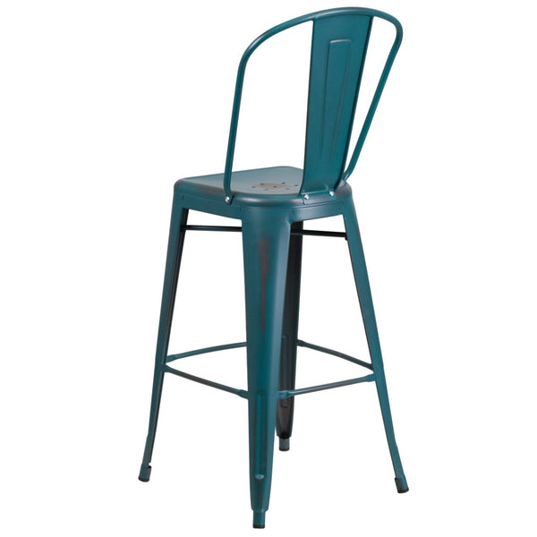 English Elm Cindy Commercial Grade 30" High Distressed Metal Barstool with Back for Indoor-Outdoor Use Kelly Blue-Teal ET-3534-30-KB-GG