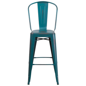 English Elm Cindy Commercial Grade 30" High Distressed Metal Barstool with Back for Indoor-Outdoor Use Kelly Blue-Teal ET-3534-30-KB-GG