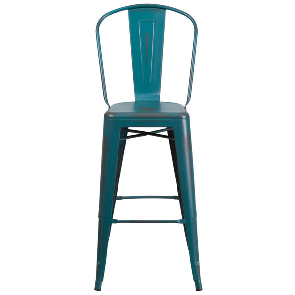 English Elm Cindy Commercial Grade 30" High Distressed Metal Barstool with Back for Indoor-Outdoor Use Kelly Blue-Teal ET-3534-30-KB-GG