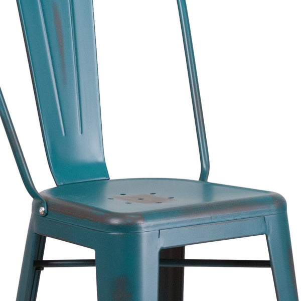 English Elm Cindy Commercial Grade 30" High Distressed Metal Barstool with Back for Indoor-Outdoor Use Kelly Blue-Teal ET-3534-30-KB-GG