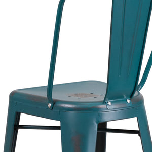 English Elm Cindy Commercial Grade 30" High Distressed Metal Barstool with Back for Indoor-Outdoor Use Kelly Blue-Teal ET-3534-30-KB-GG