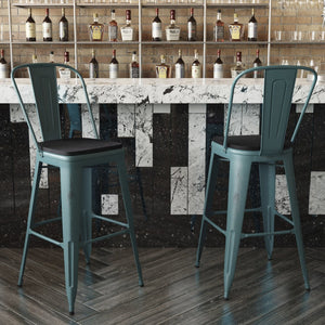 English Elm Carly Commercial Grade 30" High Metal Barstool with Back for Indoor-Outdoor Dining Comfort & Style Black Seat/Kelly Blue-Teal Frame ET-3534-30-KB-PL1B-GG