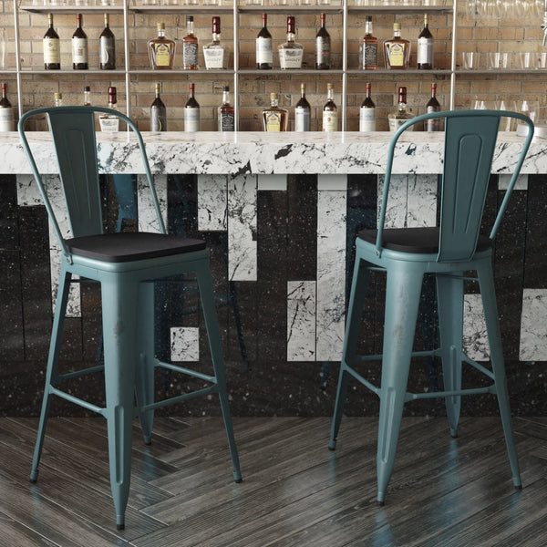 English Elm Carly Commercial Grade 30" High Metal Barstool with Back for Indoor-Outdoor Dining Comfort & Style Black Seat/Kelly Blue-Teal Frame ET-3534-30-KB-PL1B-GG