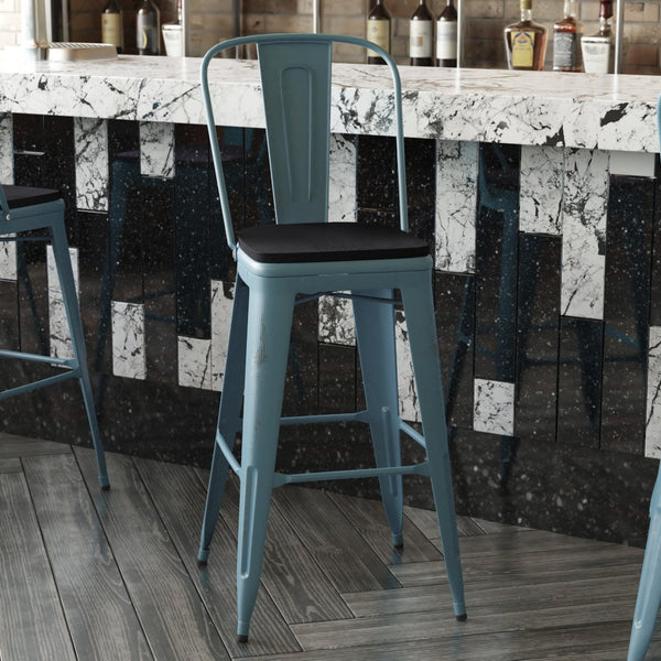 English Elm Carly Commercial Grade 30" High Metal Barstool with Back for Indoor-Outdoor Dining Comfort & Style Black Seat/Kelly Blue-Teal Frame ET-3534-30-KB-PL1B-GG