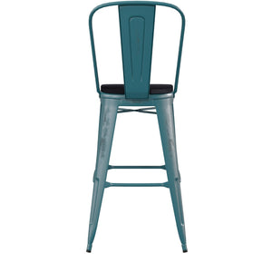 English Elm Carly Commercial Grade 30" High Metal Barstool with Back for Indoor-Outdoor Dining Comfort & Style Black Seat/Kelly Blue-Teal Frame ET-3534-30-KB-PL1B-GG