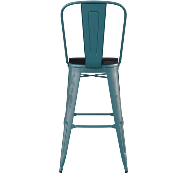 English Elm Carly Commercial Grade 30" High Metal Barstool with Back for Indoor-Outdoor Dining Comfort & Style Black Seat/Kelly Blue-Teal Frame ET-3534-30-KB-PL1B-GG