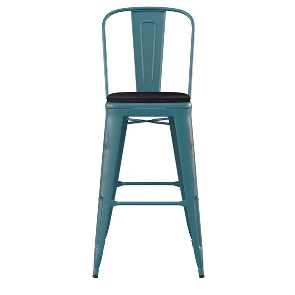 English Elm Carly Commercial Grade 30" High Metal Barstool with Back for Indoor-Outdoor Dining Comfort & Style Black Seat/Kelly Blue-Teal Frame ET-3534-30-KB-PL1B-GG