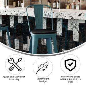 English Elm Carly Commercial Grade 30" High Metal Barstool with Back for Indoor-Outdoor Dining Comfort & Style Black Seat/Kelly Blue-Teal Frame ET-3534-30-KB-PL1B-GG