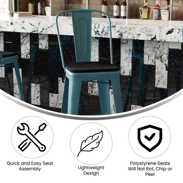 English Elm Carly Commercial Grade 30" High Metal Barstool with Back for Indoor-Outdoor Dining Comfort & Style Black Seat/Kelly Blue-Teal Frame ET-3534-30-KB-PL1B-GG