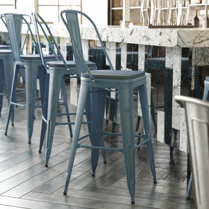 English Elm Carly Commercial Grade 30" High Metal Barstool with Back for Indoor-Outdoor Dining Comfort & Style Teal-Blue Seat/Kelly Blue-Teal Frame ET-3534-30-KB-PL1C-GG