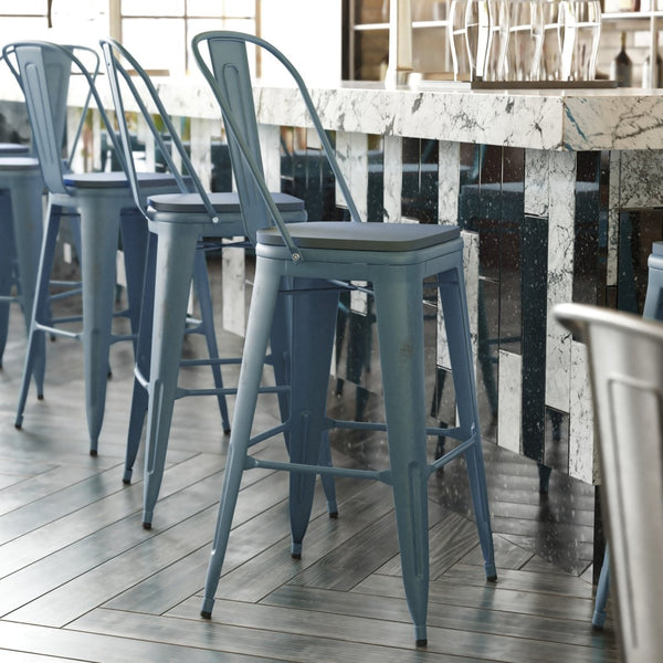 English Elm Carly Commercial Grade 30" High Metal Barstool with Back for Indoor-Outdoor Dining Comfort & Style Teal-Blue Seat/Kelly Blue-Teal Frame ET-3534-30-KB-PL1C-GG