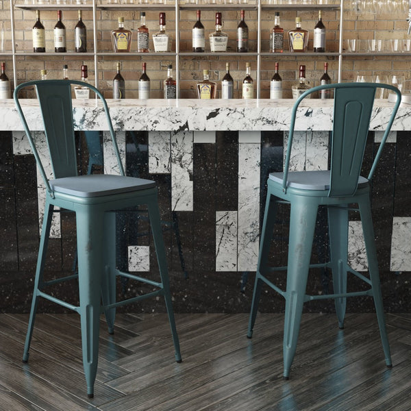 English Elm Carly Commercial Grade 30" High Metal Barstool with Back for Indoor-Outdoor Dining Comfort & Style Teal-Blue Seat/Kelly Blue-Teal Frame ET-3534-30-KB-PL1C-GG