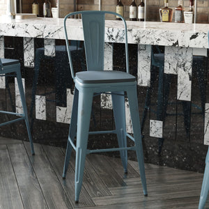 English Elm Carly Commercial Grade 30" High Metal Barstool with Back for Indoor-Outdoor Dining Comfort & Style Teal-Blue Seat/Kelly Blue-Teal Frame ET-3534-30-KB-PL1C-GG