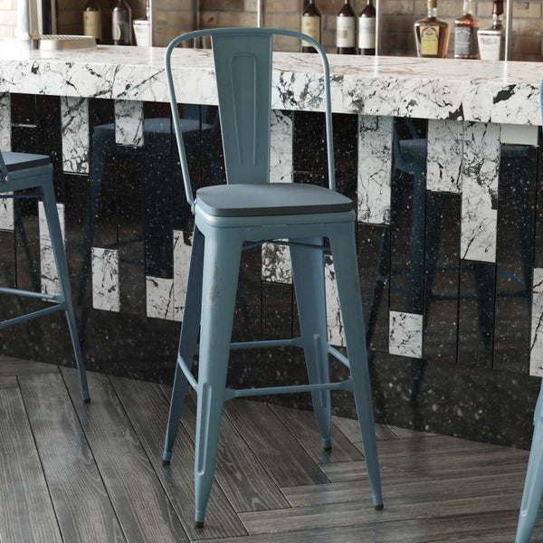 English Elm Carly Commercial Grade 30" High Metal Barstool with Back for Indoor-Outdoor Dining Comfort & Style Teal-Blue Seat/Kelly Blue-Teal Frame ET-3534-30-KB-PL1C-GG