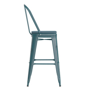 English Elm Carly Commercial Grade 30" High Metal Barstool with Back for Indoor-Outdoor Dining Comfort & Style Teal-Blue Seat/Kelly Blue-Teal Frame ET-3534-30-KB-PL1C-GG