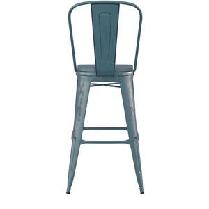 English Elm Carly Commercial Grade 30" High Metal Barstool with Back for Indoor-Outdoor Dining Comfort & Style Teal-Blue Seat/Kelly Blue-Teal Frame ET-3534-30-KB-PL1C-GG
