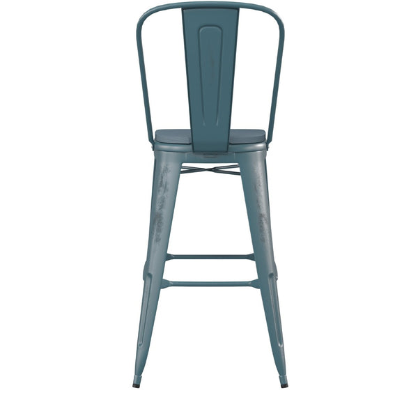 English Elm Carly Commercial Grade 30" High Metal Barstool with Back for Indoor-Outdoor Dining Comfort & Style Teal-Blue Seat/Kelly Blue-Teal Frame ET-3534-30-KB-PL1C-GG