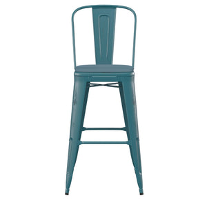 English Elm Carly Commercial Grade 30" High Metal Barstool with Back for Indoor-Outdoor Dining Comfort & Style Teal-Blue Seat/Kelly Blue-Teal Frame ET-3534-30-KB-PL1C-GG
