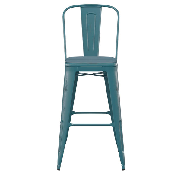 English Elm Carly Commercial Grade 30" High Metal Barstool with Back for Indoor-Outdoor Dining Comfort & Style Teal-Blue Seat/Kelly Blue-Teal Frame ET-3534-30-KB-PL1C-GG