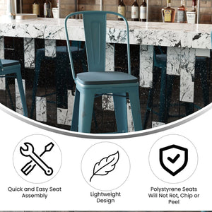 English Elm Carly Commercial Grade 30" High Metal Barstool with Back for Indoor-Outdoor Dining Comfort & Style Teal-Blue Seat/Kelly Blue-Teal Frame ET-3534-30-KB-PL1C-GG