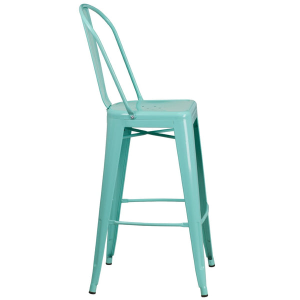 English Elm Cindy Commercial-Grade 30" High Metal Barstool with Back – Stylish Indoor-Outdoor Seating Solution Mint Green ET-3534-30-MINT-GG