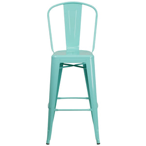 English Elm Cindy Commercial-Grade 30" High Metal Barstool with Back – Stylish Indoor-Outdoor Seating Solution Mint Green ET-3534-30-MINT-GG