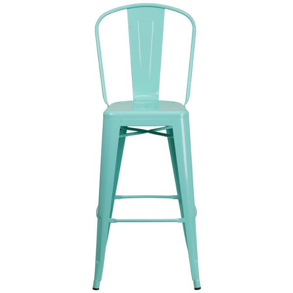 English Elm Cindy Commercial-Grade 30" High Metal Barstool with Back – Stylish Indoor-Outdoor Seating Solution Mint Green ET-3534-30-MINT-GG
