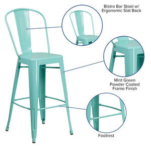 English Elm Cindy Commercial-Grade 30" High Metal Barstool with Back – Stylish Indoor-Outdoor Seating Solution Mint Green ET-3534-30-MINT-GG