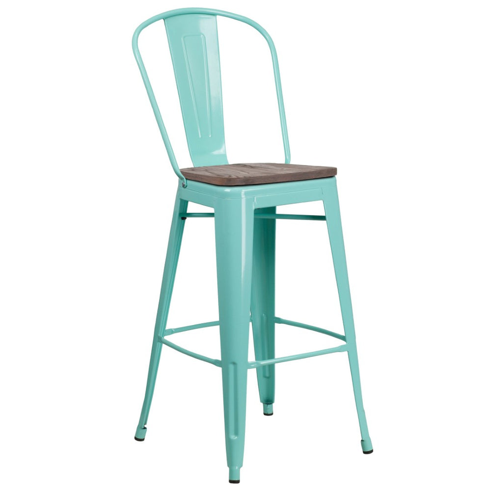English Elm Cindy 30" High Metal Barstool with Back and Wooden Seat for Rustic-Industrial Dining Spaces Mint Green ET-3534-30-MINT-WD-GG