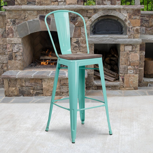 English Elm Cindy 30" High Metal Barstool with Back and Wooden Seat for Rustic-Industrial Dining Spaces Mint Green ET-3534-30-MINT-WD-GG