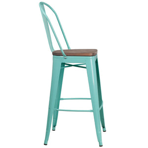 English Elm Cindy 30" High Metal Barstool with Back and Wooden Seat for Rustic-Industrial Dining Spaces Mint Green ET-3534-30-MINT-WD-GG