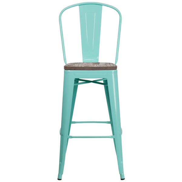 English Elm Cindy 30" High Metal Barstool with Back and Wooden Seat for Rustic-Industrial Dining Spaces Mint Green ET-3534-30-MINT-WD-GG
