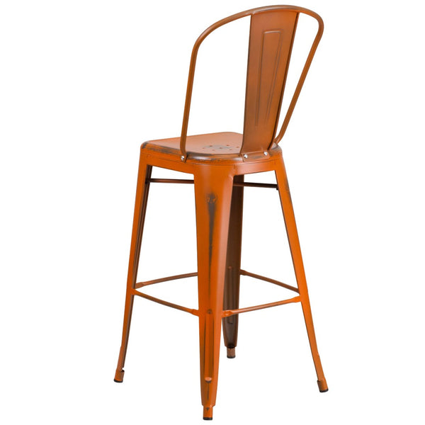 English Elm Cindy Commercial Grade 30" High Distressed Metal Barstool with Back for Indoor-Outdoor Use Orange ET-3534-30-OR-GG