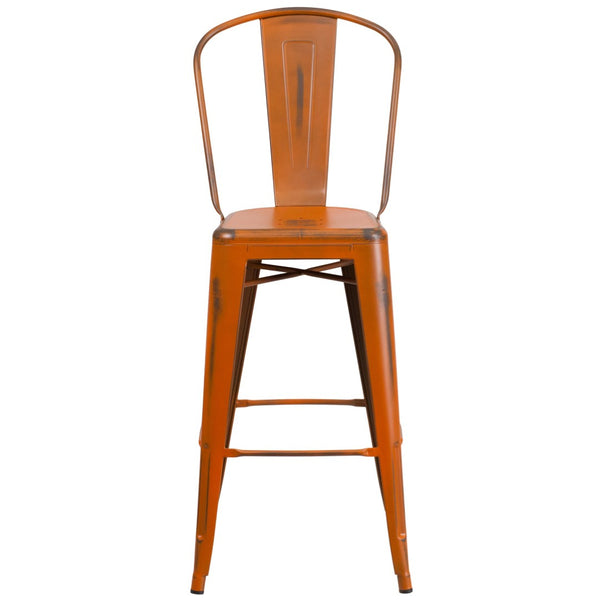 English Elm Cindy Commercial Grade 30" High Distressed Metal Barstool with Back for Indoor-Outdoor Use Orange ET-3534-30-OR-GG