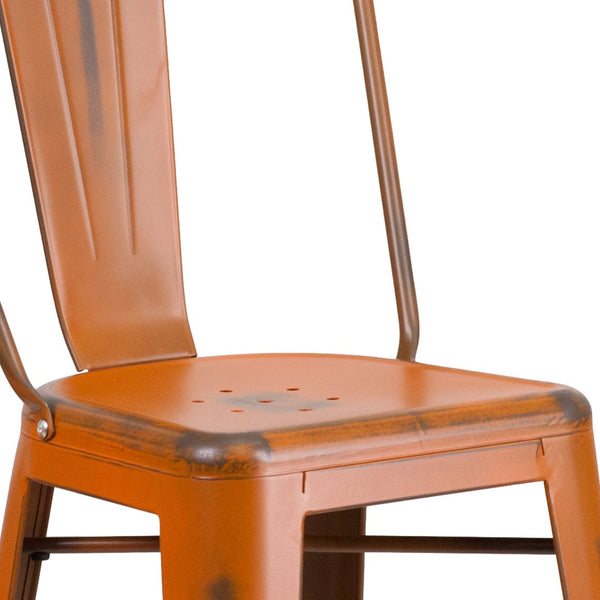 English Elm Cindy Commercial Grade 30" High Distressed Metal Barstool with Back for Indoor-Outdoor Use Orange ET-3534-30-OR-GG