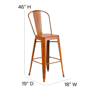 English Elm Carly Commercial Grade 30" High Metal Barstool with Back for Indoor-Outdoor Dining Comfort & Style Teak Seat/Orange Frame ET-3534-30-OR-PL1T-GG