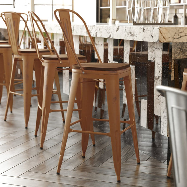 English Elm Carly Commercial Grade 30" High Metal Barstool with Back for Indoor-Outdoor Dining Comfort & Style Teak Seat/Orange Frame ET-3534-30-OR-PL1T-GG