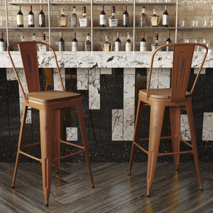 English Elm Carly Commercial Grade 30" High Metal Barstool with Back for Indoor-Outdoor Dining Comfort & Style Teak Seat/Orange Frame ET-3534-30-OR-PL1T-GG