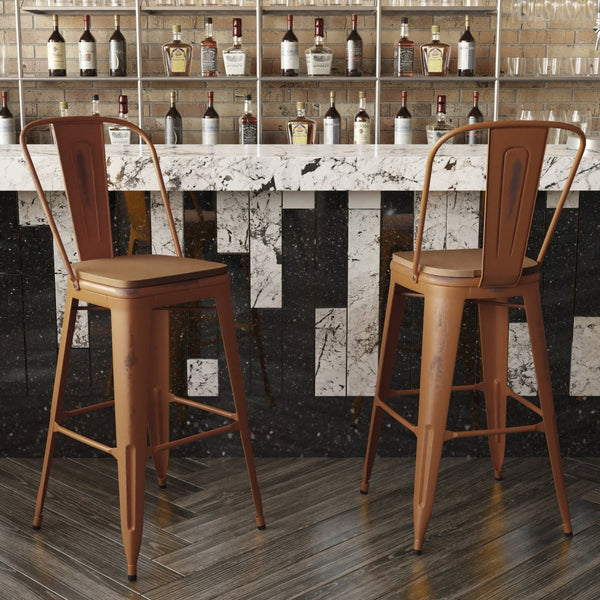 English Elm Carly Commercial Grade 30" High Metal Barstool with Back for Indoor-Outdoor Dining Comfort & Style Teak Seat/Orange Frame ET-3534-30-OR-PL1T-GG