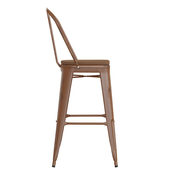 English Elm Carly Commercial Grade 30" High Metal Barstool with Back for Indoor-Outdoor Dining Comfort & Style Teak Seat/Orange Frame ET-3534-30-OR-PL1T-GG