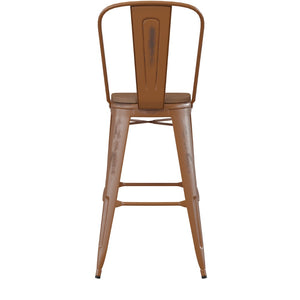 English Elm Carly Commercial Grade 30" High Metal Barstool with Back for Indoor-Outdoor Dining Comfort & Style Teak Seat/Orange Frame ET-3534-30-OR-PL1T-GG