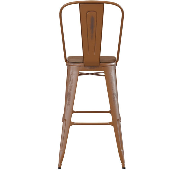 English Elm Carly Commercial Grade 30" High Metal Barstool with Back for Indoor-Outdoor Dining Comfort & Style Teak Seat/Orange Frame ET-3534-30-OR-PL1T-GG