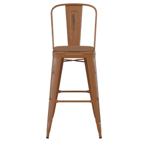 English Elm Carly Commercial Grade 30" High Metal Barstool with Back for Indoor-Outdoor Dining Comfort & Style Teak Seat/Orange Frame ET-3534-30-OR-PL1T-GG