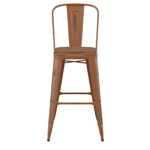 English Elm Carly Commercial Grade 30" High Metal Barstool with Back for Indoor-Outdoor Dining Comfort & Style Teak Seat/Orange Frame ET-3534-30-OR-PL1T-GG