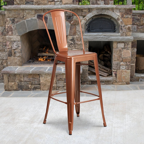 English Elm Cindy Commercial-Grade 30" High Metal Barstool with Back – Stylish Indoor-Outdoor Seating Solution Copper ET-3534-30-POC-GG