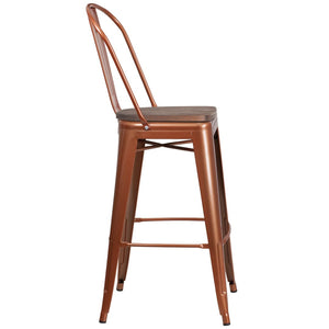 English Elm Cindy 30" High Metal Barstool with Back and Wooden Seat for Rustic-Industrial Dining Spaces Copper ET-3534-30-POC-WD-GG
