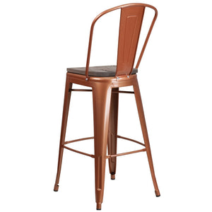 English Elm Cindy 30" High Metal Barstool with Back and Wooden Seat for Rustic-Industrial Dining Spaces Copper ET-3534-30-POC-WD-GG