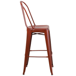 English Elm Cindy Commercial Grade 30" High Distressed Metal Barstool with Back for Indoor-Outdoor Use Kelly Red ET-3534-30-RD-GG