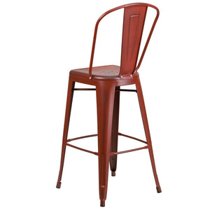 English Elm Cindy Commercial Grade 30" High Distressed Metal Barstool with Back for Indoor-Outdoor Use Kelly Red ET-3534-30-RD-GG