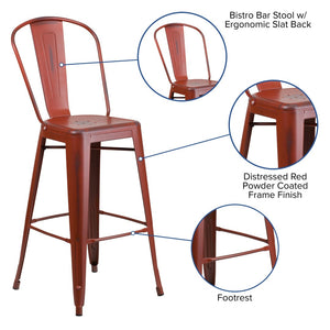 English Elm Cindy Commercial Grade 30" High Distressed Metal Barstool with Back for Indoor-Outdoor Use Kelly Red ET-3534-30-RD-GG